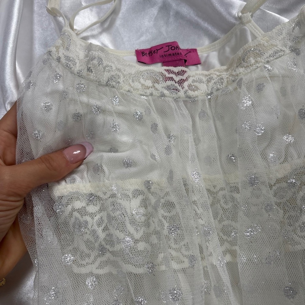 y2k Betsey Johnson Chemise White Excellent Silver Polka Dot Mesh Lace Trim S - Picture 3 of 6